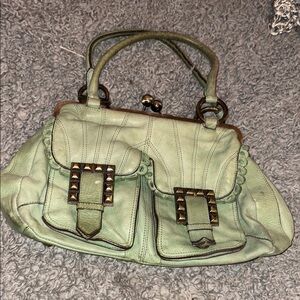 Green Satchel with Gold Hardware and Textured Fabric
